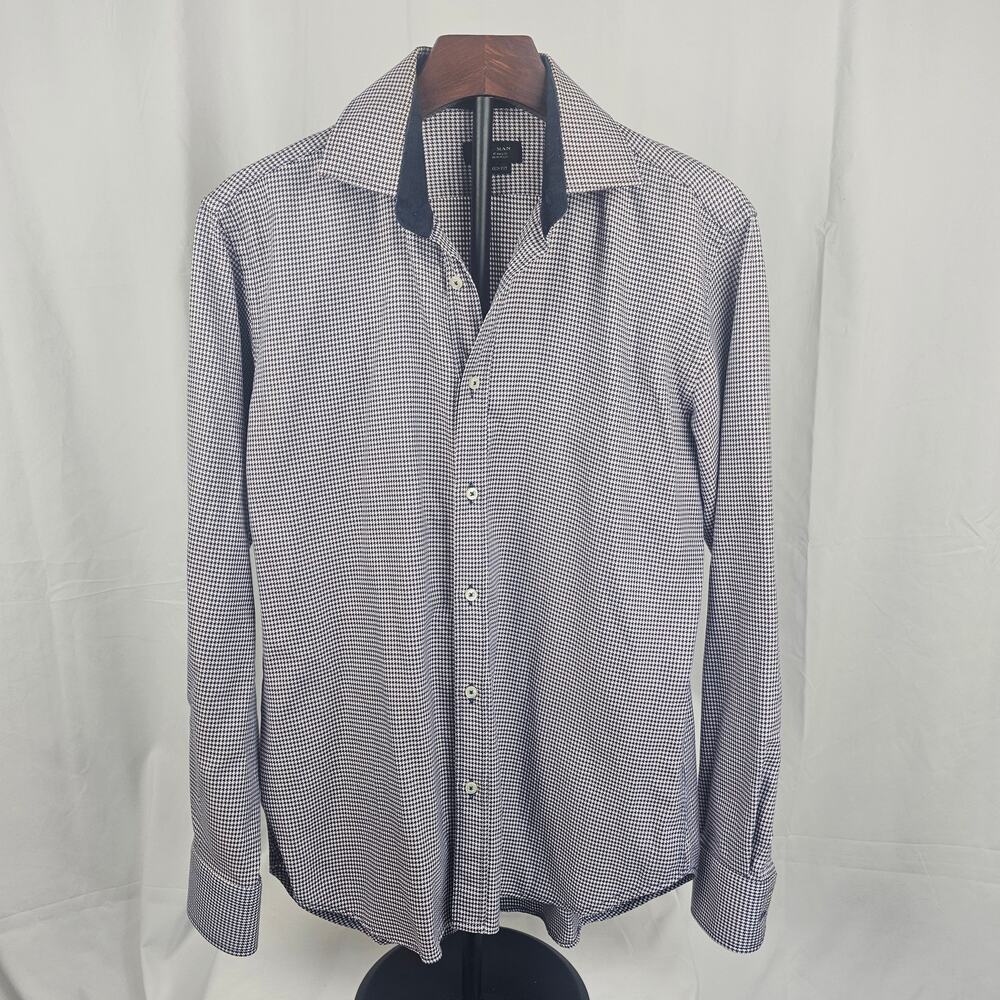 Zara Man Houndstooth Button Shirt Tailored Fit Size L Made in Morocco